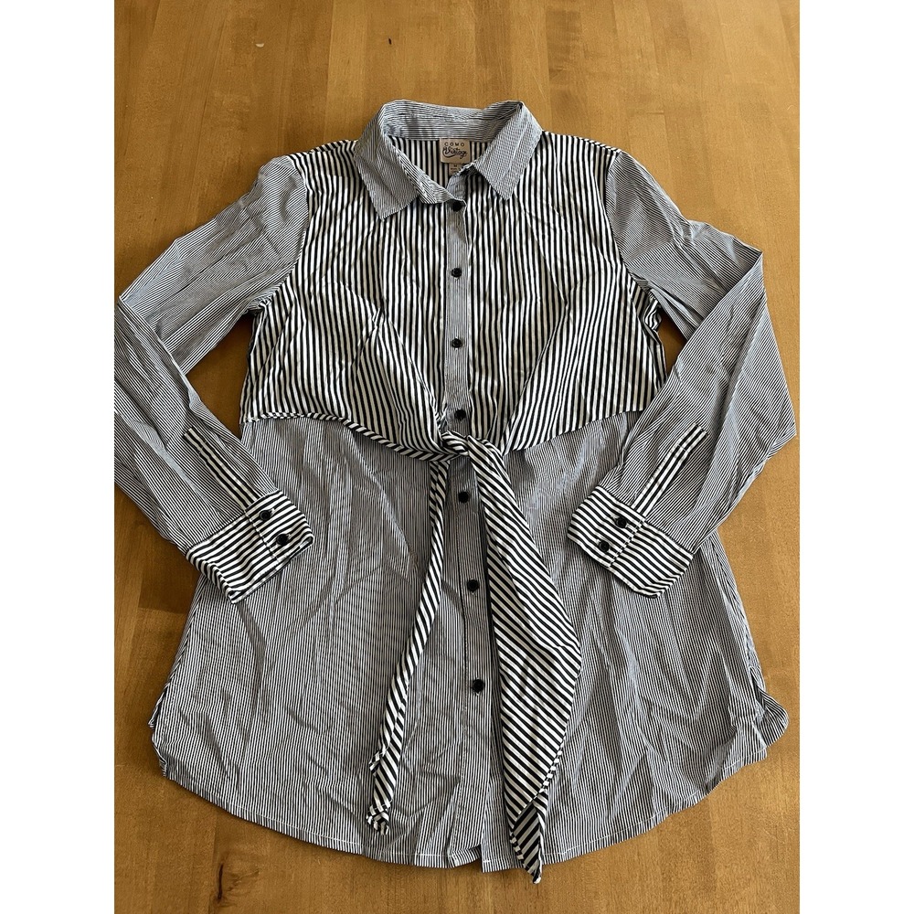 Como‎ Vintage Womens M Striped Button Front Tie Waist Shirt Blouse Black White